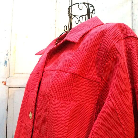Coldwater Creek Jacket Cardigan Size M Red Knit Squares Oyster Shell Buttons - Picture 10 of 11